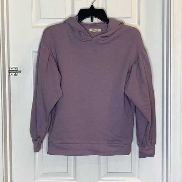 Madewell Pleat-Sleeve Shrunken Hoodie Sweatshirt Size XS Purple - Picture 6 of 9
